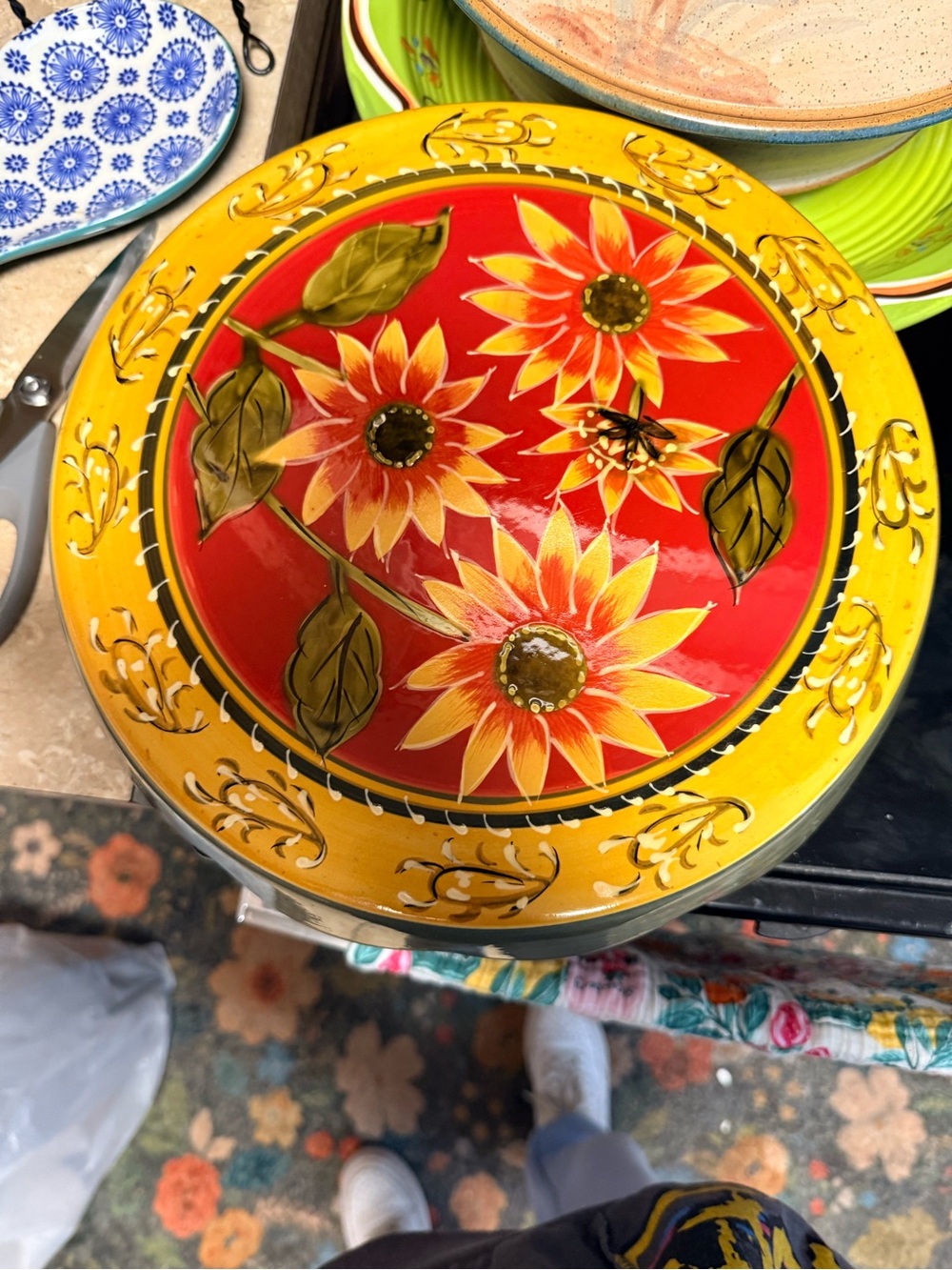 Pier1 Hand-Painted Sunflower Ceramic Bowl - Yellow & Red